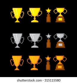 Awards pixel icons set. Old school computer graphic style.