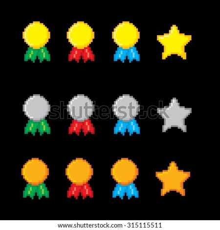 Awards pixel icons set. Old school computer graphic style.