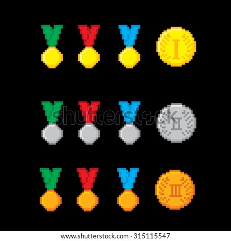 Awards pixel icons set. Old school computer graphic style.