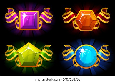 Awards with precious stone and ribbon in different colours. Vector cartoon icons for UI game resources.