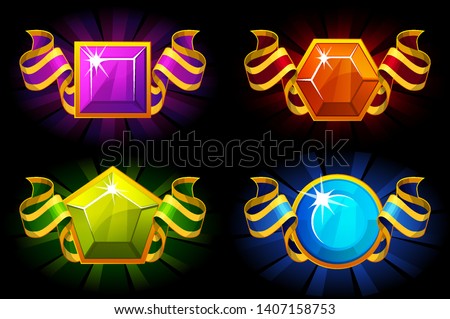Awards with precious stone and ribbon in different colours. Vector cartoon icons for UI game resources.