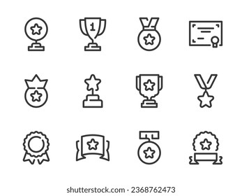 Awards, Prize Cup and Trophy vector line icons. Victory Medal and Winner Ribbon outline icon set. Trophy cup, Certificate, Diploma and more.