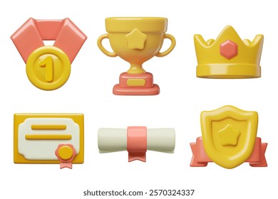 Awards and prizes 3d vector icons collection including a crown, a gold medal, a trophy cup, a winner certificate, diploma scroll and a shield with a star. 