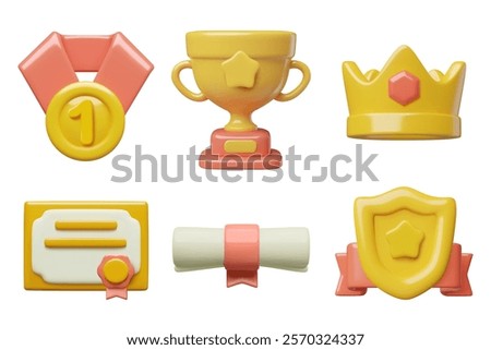 Awards and prizes 3d vector icons collection including a crown, a gold medal, a trophy cup, a winner certificate, diploma scroll and a shield with a star. 