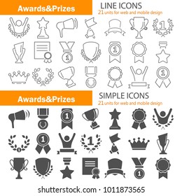 Awards and prizes simple and line icons set for web and mobile design