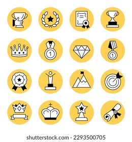 Awards and prizes vector icon set. Sport and business goals and trophies.