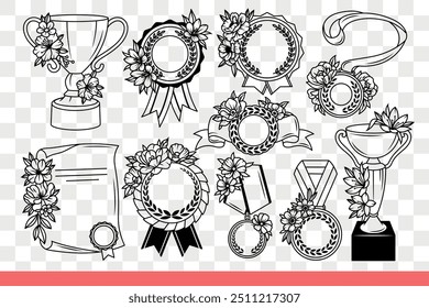 Awards and prizes for winner of first place in competitions or olympiads. Gold awards or silver cups and medals or diploma as reward for excellent studies at university. Hand drawn.