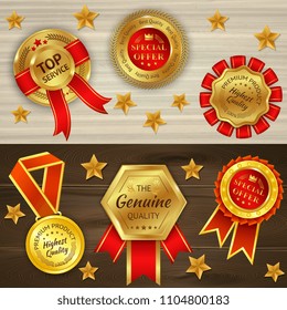 Awards realistic horizontal banners on wooden textured background with red golden medals and stars isolated vector illustration   