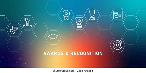 Awards and recognition gradient header illustration for  web page containing appreciation certificate trophy accomplishment company achievement