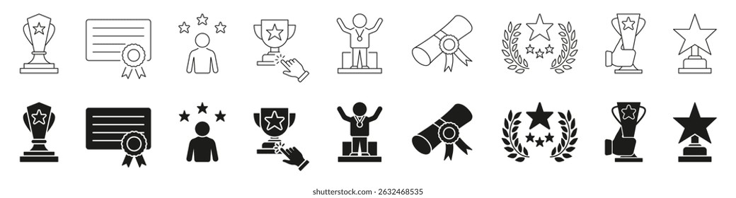 Awards And Recognition Line And Solid Icon Set. Achievement, Excellence, And Success Symbol Collection. Trophies, Medals, Certificates, And Laurels. Isolated Vector Illustration.