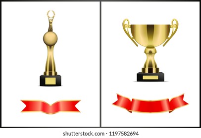 Awards and red wavy ribbons icons set. Trophies cup with handles on pedestal and globe with human figure holding laurel branches isolated on vector