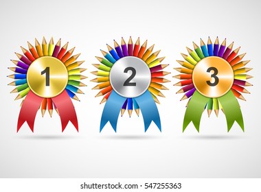 Awards rosettes with pencils. Modern, isolated medals. Vector illustration. 
