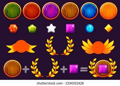 Awards round Shield and Gems set, Constructor to create kit different Awards. For game, user interface, banner, application, interface, slots, game development. Vector objects on a separate layer.