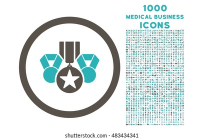 Awards rounded vector bicolor icon with 1000 medical business icons. Set style is flat pictograms, grey and cyan colors, white background.
