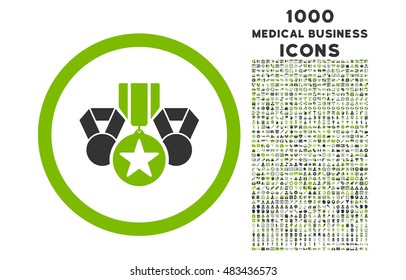 Awards rounded vector bicolor icon with 1000 medical business icons. Set style is flat pictograms, eco green and gray colors, white background.