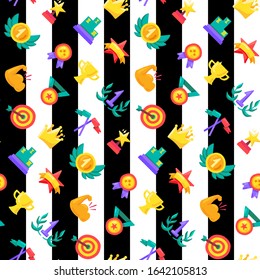 Awards seamless color cartoon pattern. Winner trophies, medals, rewards, prizes striped background