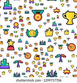 Awards seamless color vector pattern. Winner trophies, medals, rewards, prizes champion background