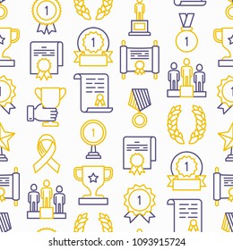 Awards seamless pattern with thin line icons: trophy, medal, cup, star, statuette, ribbon. Modern vector illustration of prizes for competition.