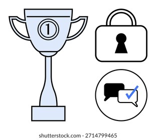 Awards, security, communication, achievement, trust, validation. Trophy, padlock and speech bubbles with a checkmark displayed. Achievement and security through sleek modern icons