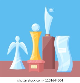 Awards set of different shape vector illustration. Angel silhouette statue, statuette on pedestal, irregular figure, with shiny balls parts and labels