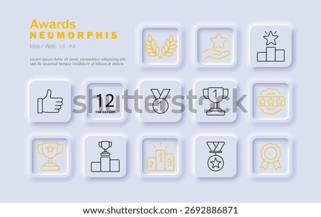 Awards set icon. Bold outlined icons include trophy, ribbon, medal, podium, thumb, certificate, cup, ranking, star, laurel, first place, achievement, and rating symbol.