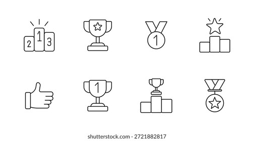 Symbol für Auszeichnungen. Podium mit Zahlen, Pokal, Medaille, Stern auf Schritt, Daumen hoch, einzelne Tasse, gestaffeltes Podium, Sternzeichen gezeichnet im Belohnungsthema.