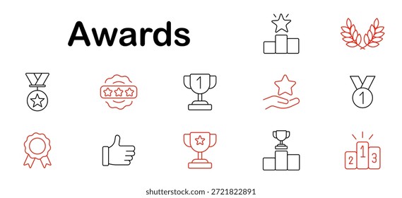 Icono de conjunto de premios. Trofeo, medalla, podio, clasificación, estrella, ganador, cinta, número uno, mano, logro, victoria, competencia, ceremonia, premio, etapa, reconocimiento, oro.