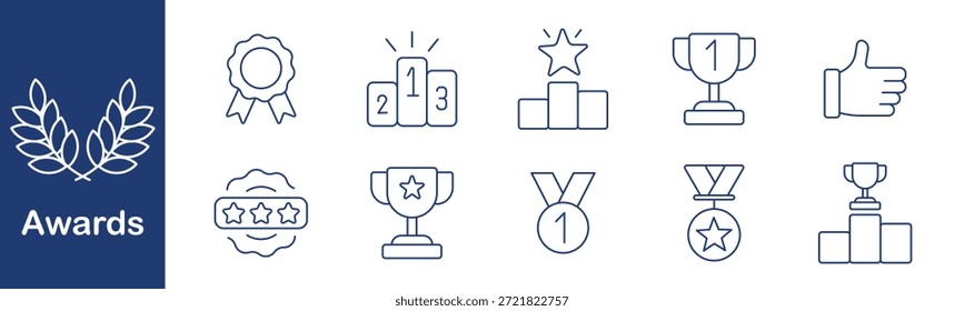 Icono de conjunto de premios. Trofeo, podio, cinta, insignia, medalla, pulgar, copa, rango, certificado, primer lugar, recompensa, logro, celebración, éxito, voto.