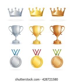 Awards Set. Three Places Winners. Crown, Cup and Medal. Vector illustration