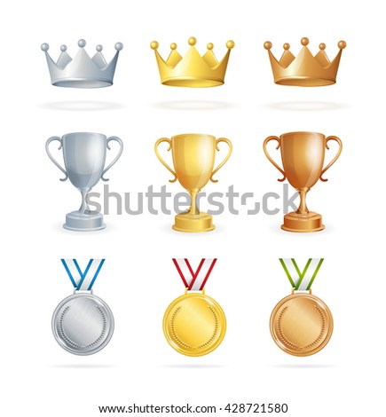 Awards Set. Three Places Winners. Crown, Cup and Medal. Vector illustration