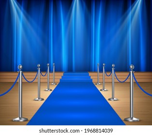 Awards show background with blue curtains and blue carpet between rope barriers