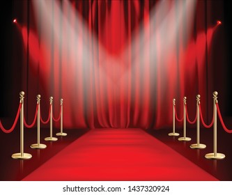 Awards show red background with carpet path golden barrier with rope on both sides and closed curtain realistic vector illustration
