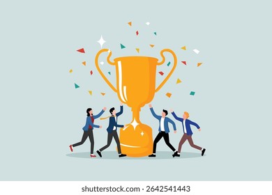 Awards for the success of teamwork in achieving business goals, victory for co-workers in completing the concept of work missions, the happiness of successful businessmen and women in the team holding