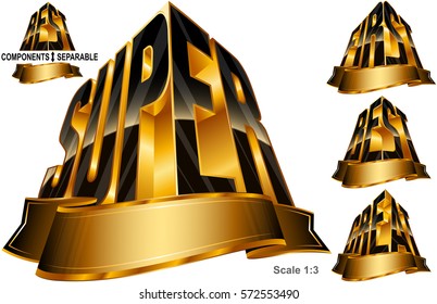 Awards for Super, Great, Best, First from gold with ribbon for a successful winners of competitions; Vector icons set of leadership prize Eps8; Black golden version