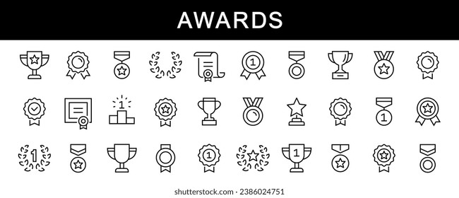 Awards thin line icons set. Awards symbols. Trophy cup, Medal, Winner prize icon. Award editable stroke icons collection. Vector