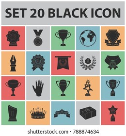 Awards and trophies black icons in set collection for design.Reward and achievement vector symbol stock web illustration.
