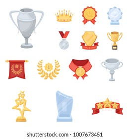 Awards and trophies cartoon icons in set collection for design.Reward and achievement vector symbol stock web illustration.