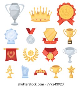 Awards and trophies cartoon icons in set collection for design.Reward and achievement vector symbol stock web illustration.