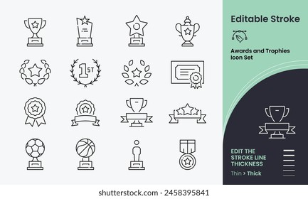 Awards and Trophies Icon collection containing 16 editable stroke icons. Perfect for logos, stats and infographics. Edit the thickness of the line in any vector capable app.