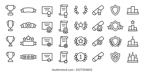 Awards and Trophy cup icon set. Winning icons collection. Award symbols collection. Collection of linear icons of awards, certificates, diplomas, laurel wreaths. Winners platform. Vector outline