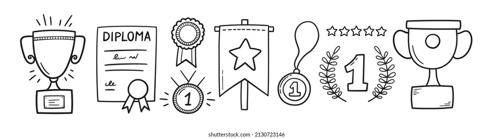 Awards, trophy cups, first place medals and diploma set. Doodle gold medal and champion trophy cup. Hand drawn award decorative icons. Vector illustrations isolated on white background. svg