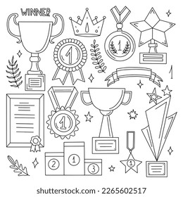 Awards, trophy cups, first place medals and podium winners set. Doodle gold medal and champion trophy cup. Hand drawn award decorative icons. Vector illustrations isolated on white background.