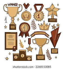 Awards, trophy cups, first place medals and podium winners set. Doodle gold medal and champion trophy cup. Hand drawn award decorative icons. Vector illustrations isolated on white background.