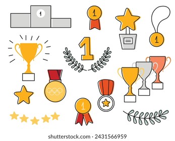 Premios, copas de trofeos, medallas de primer lugar y podios ganadores. Medalla de oro y copa de trofeo de campeón. Iconos decorativos dibujados a mano. Ilustraciones vectoriales.