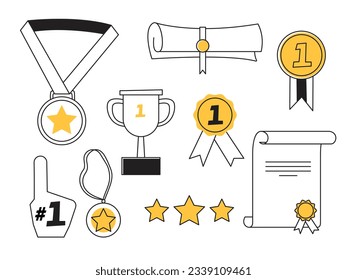 awards, trophy cups, medals. doodle hand drawn award decorative icons