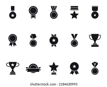 Awards and trophy icons set. Collection of badges medals and cups. Champion medals for winners. Vector illustration.