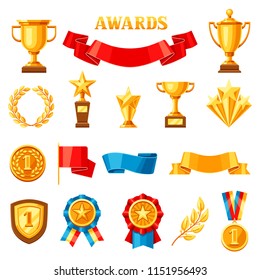 Awards and trophy icons set. Reward items for sports or corporate competitions.