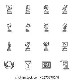 Awards and trophy line icons set, outline vector symbol collection, linear style pictogram pack. Signs, logo illustration. Set includes icons as laurel branch, sport prize, champion cup, festival cup