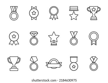 Awards and trophy linear icons set. Collection of badges medals and cups. Champion medals for winners. Vector illustration.