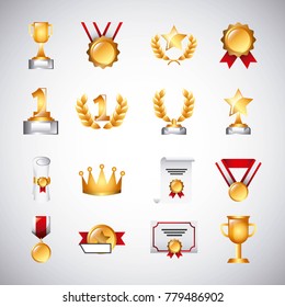 awards trophy medals and winning ribbon success icons symbols